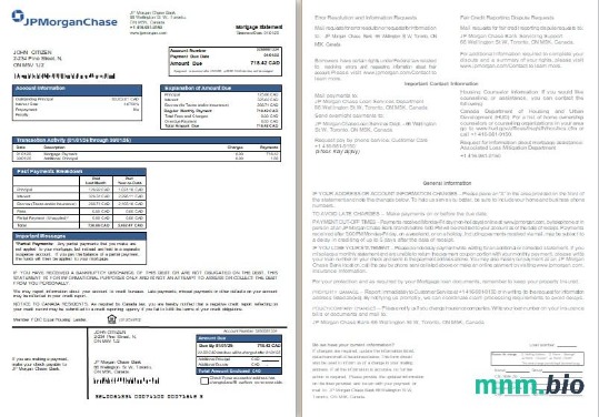 Kanada JP Morgan Chase Bank wyciąg z kredytu hipotecznego, 2 strony, 1-2